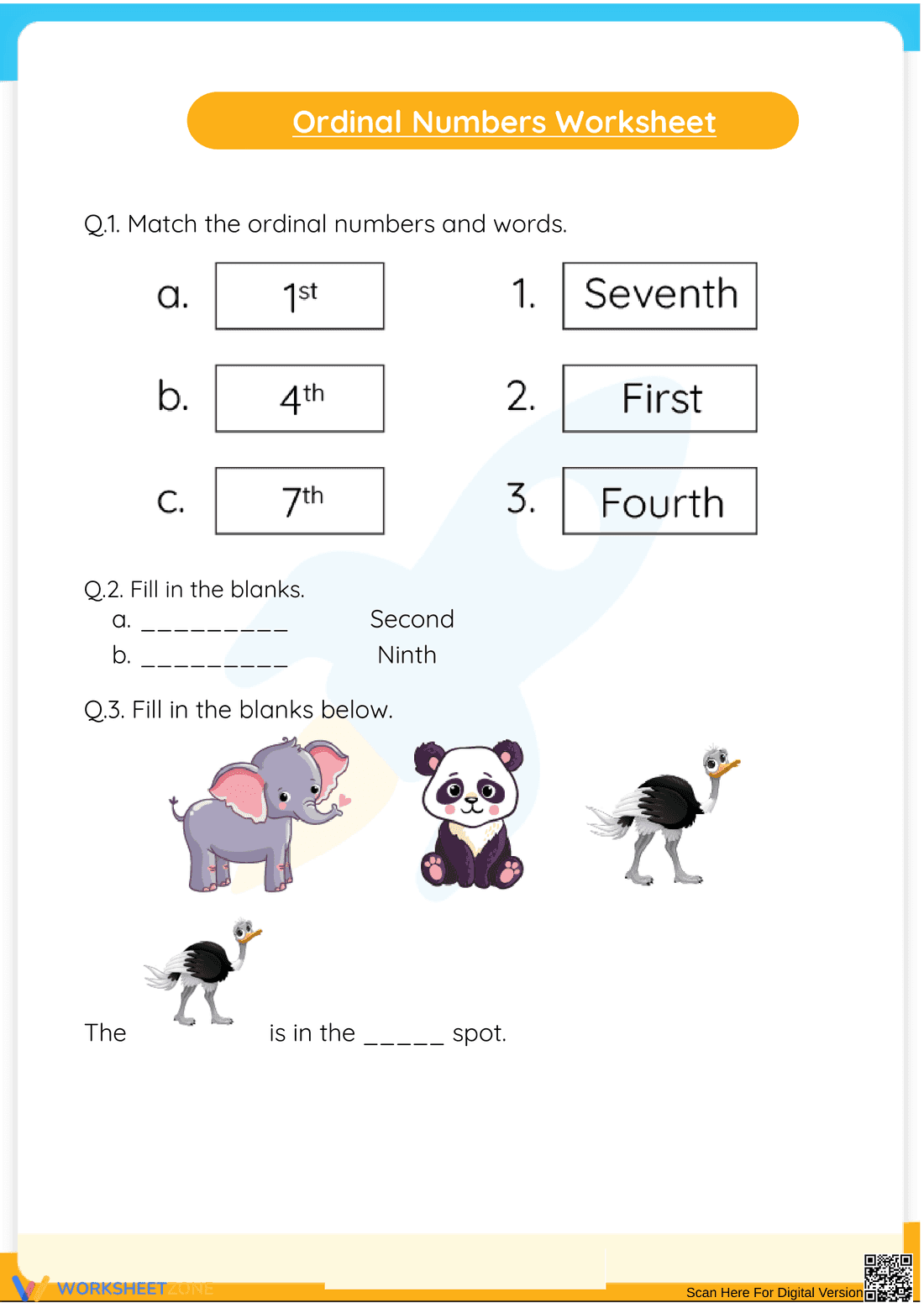 Ordinal Numbers Worksheet: Learn Positions - Page 1
