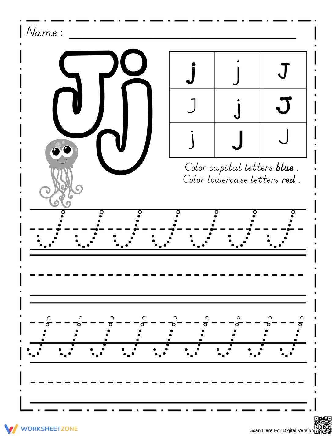 Dealian Handwriting: Letter Jj Practice Aid - Page 1
