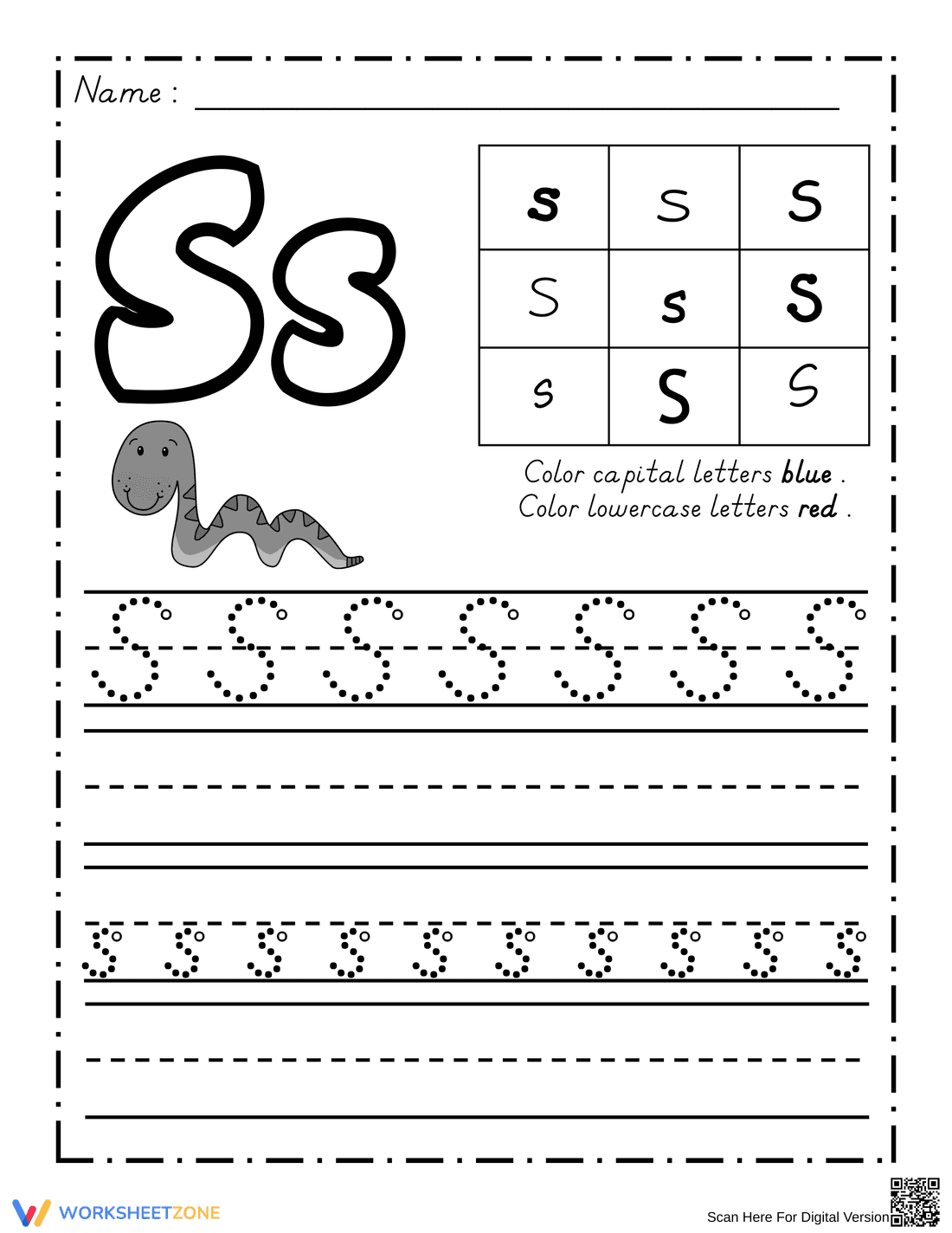 Color, Trace, and Write Letter S - Page 1