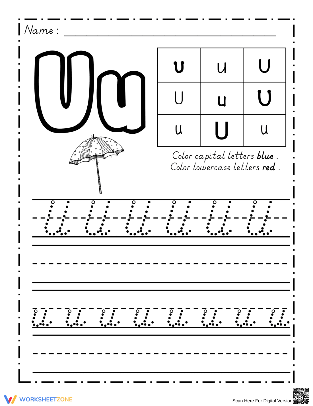 Printable Letter U Tracing Worksheet | Grade 1 - Page 1
