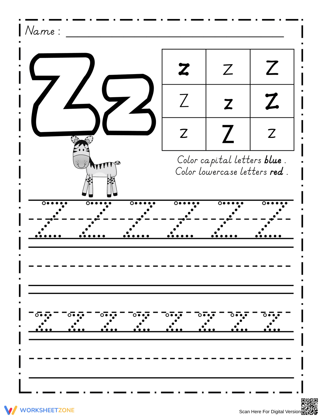Letter Z Tracing Worksheet | Grade K Printable - Page 1