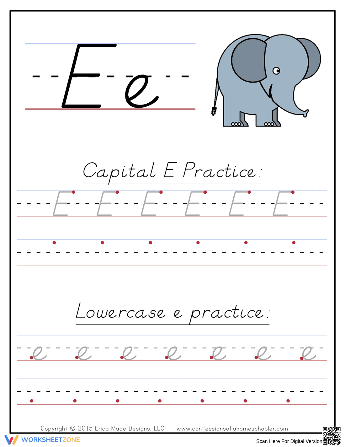 Printable Letter E Tracing Worksheet | Grade K - Page 1