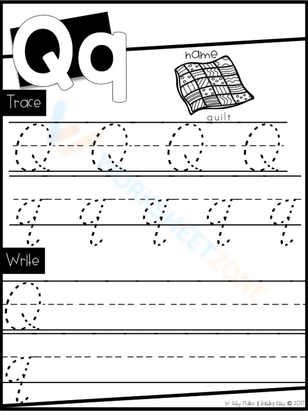 Letter Q Tracing and Writing Practice Worksheet - Page 1