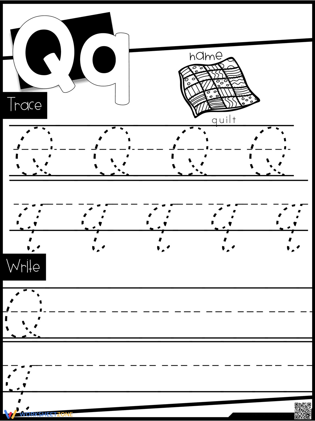 Letter Q Tracing and Writing Practice Worksheet - Page 1