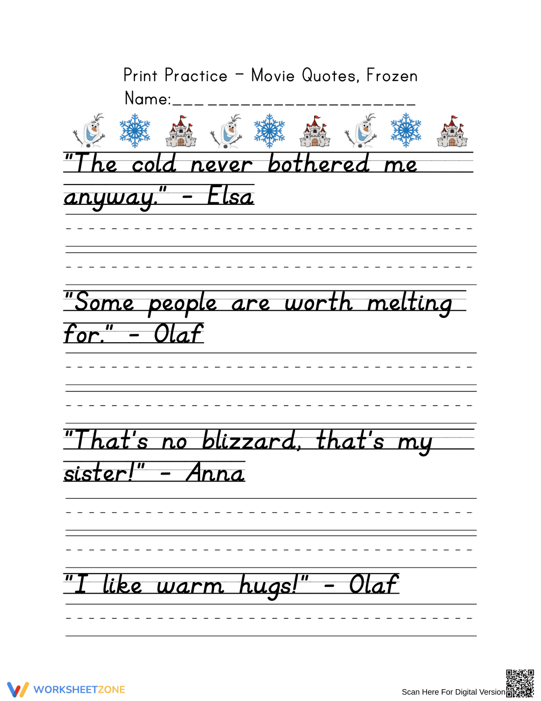 Print Practice: Frozen Movie Quotes Handwriting - Page 1