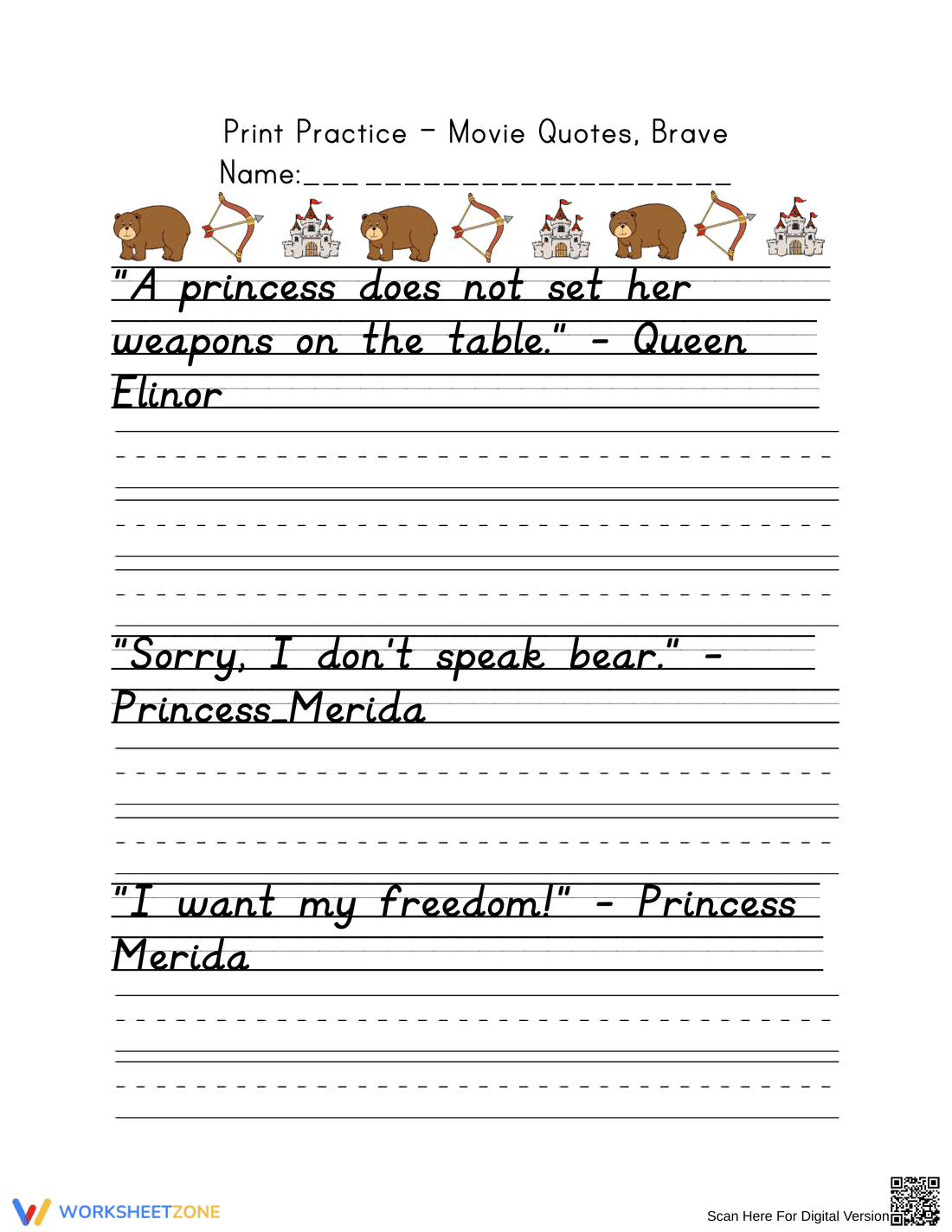 Essential D'Nealian Handwriting: Brave Movie Quotes - Page 1