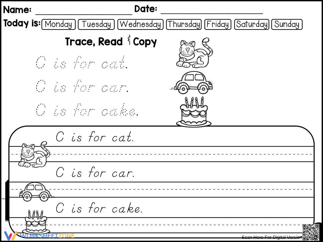 Letter C Sentence Tracing | Grade 1 Printable Worksheet - Page 1