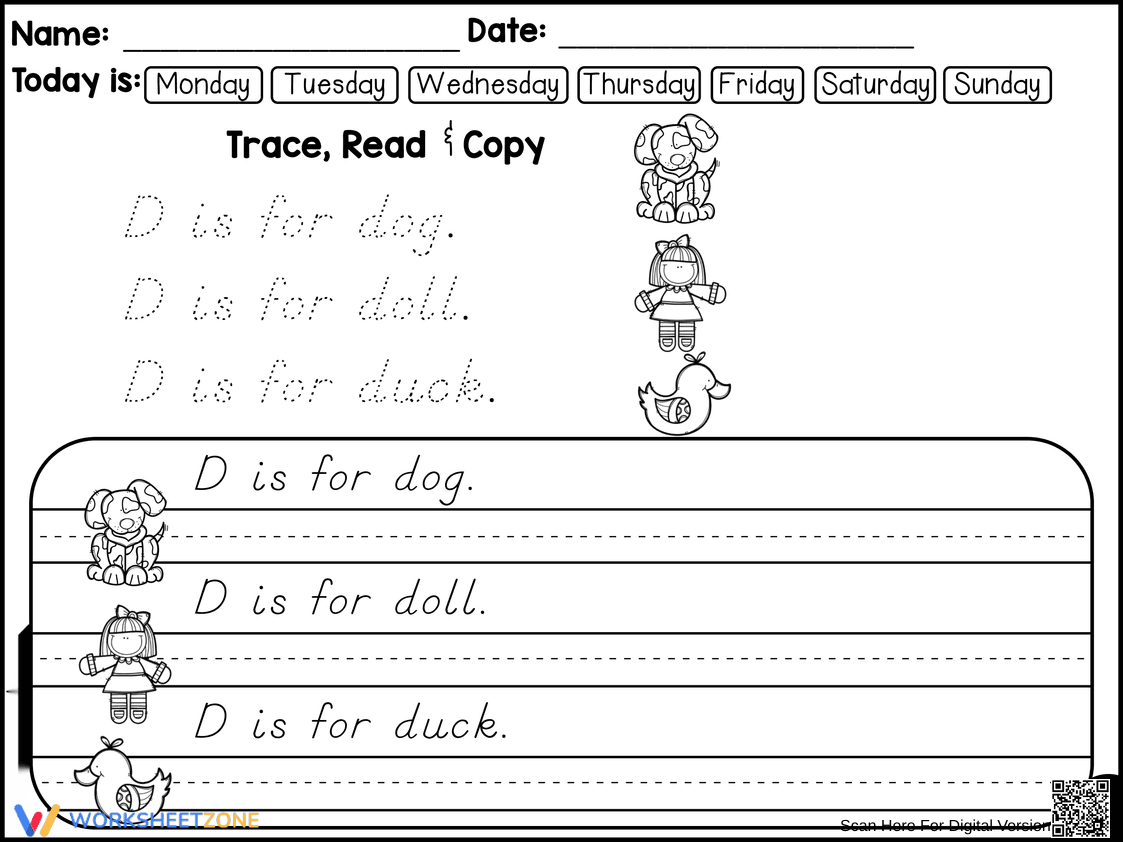 Grade 1 Letter D Tracing — Printable No-Prep Worksheet - Page 1