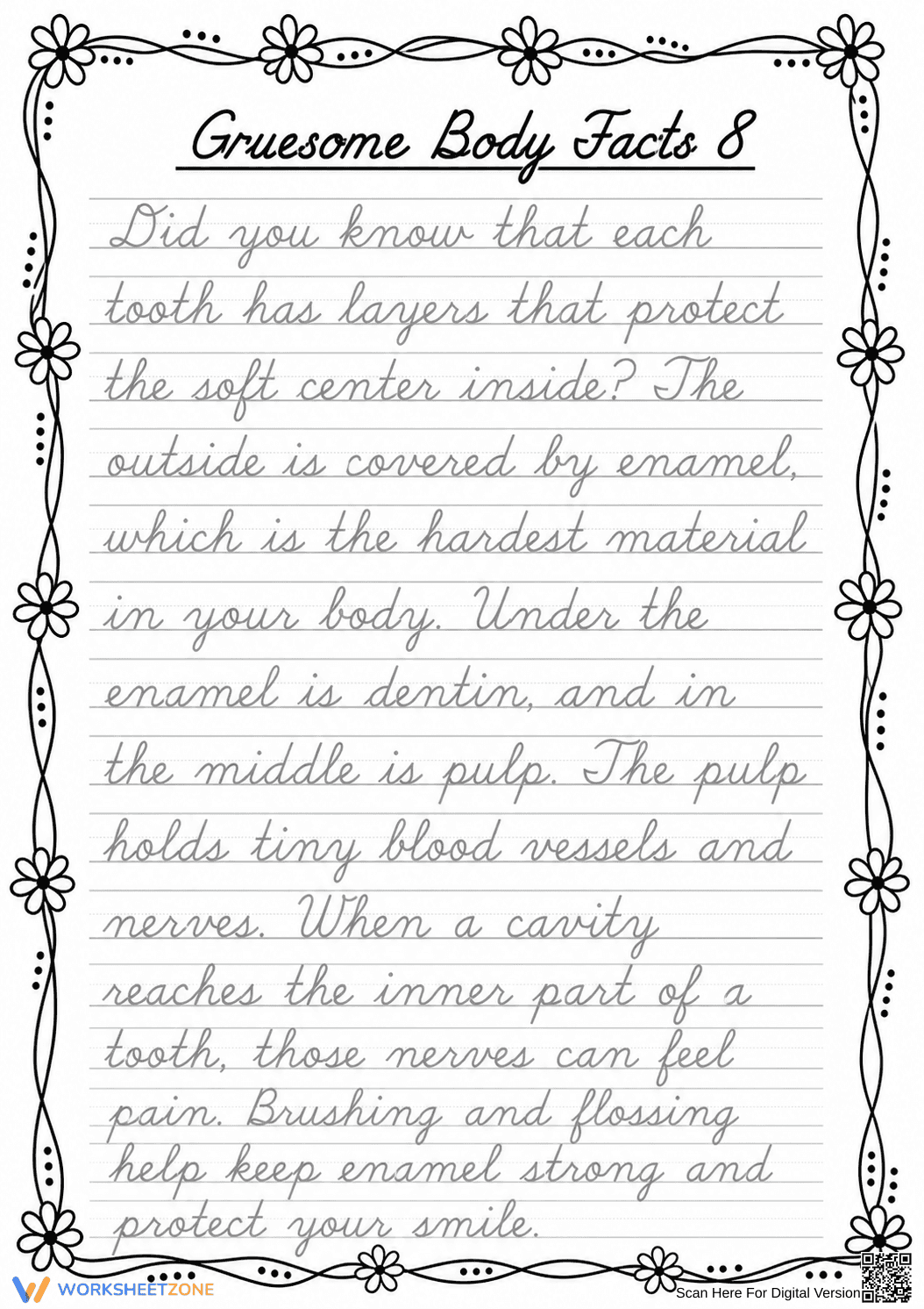 Grade 6 Cursive Teeth Facts — Printable No-Prep Worksheet - Page 1