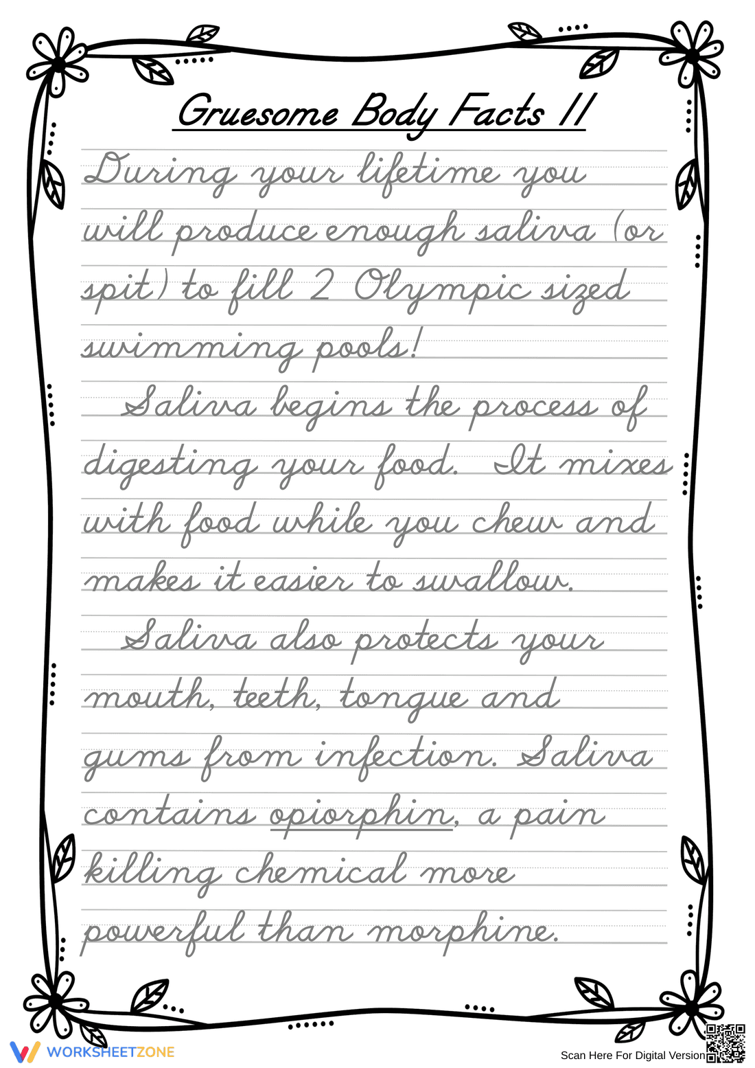 Cursive Handwriting Practice: Saliva Facts | Grade 6 Ready - Page 1