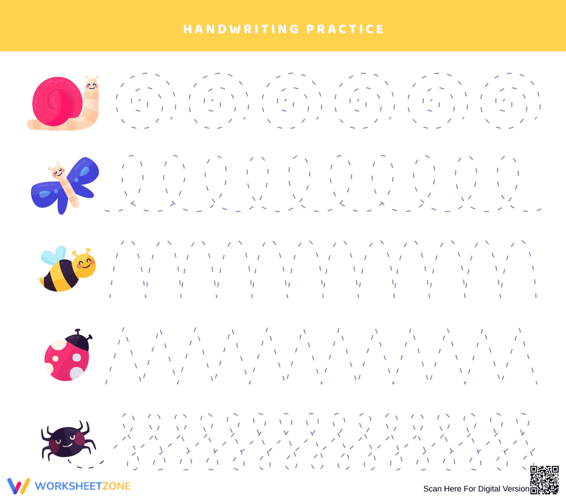 Handwriting Practice with Cute Insects Worksheet - Page 1