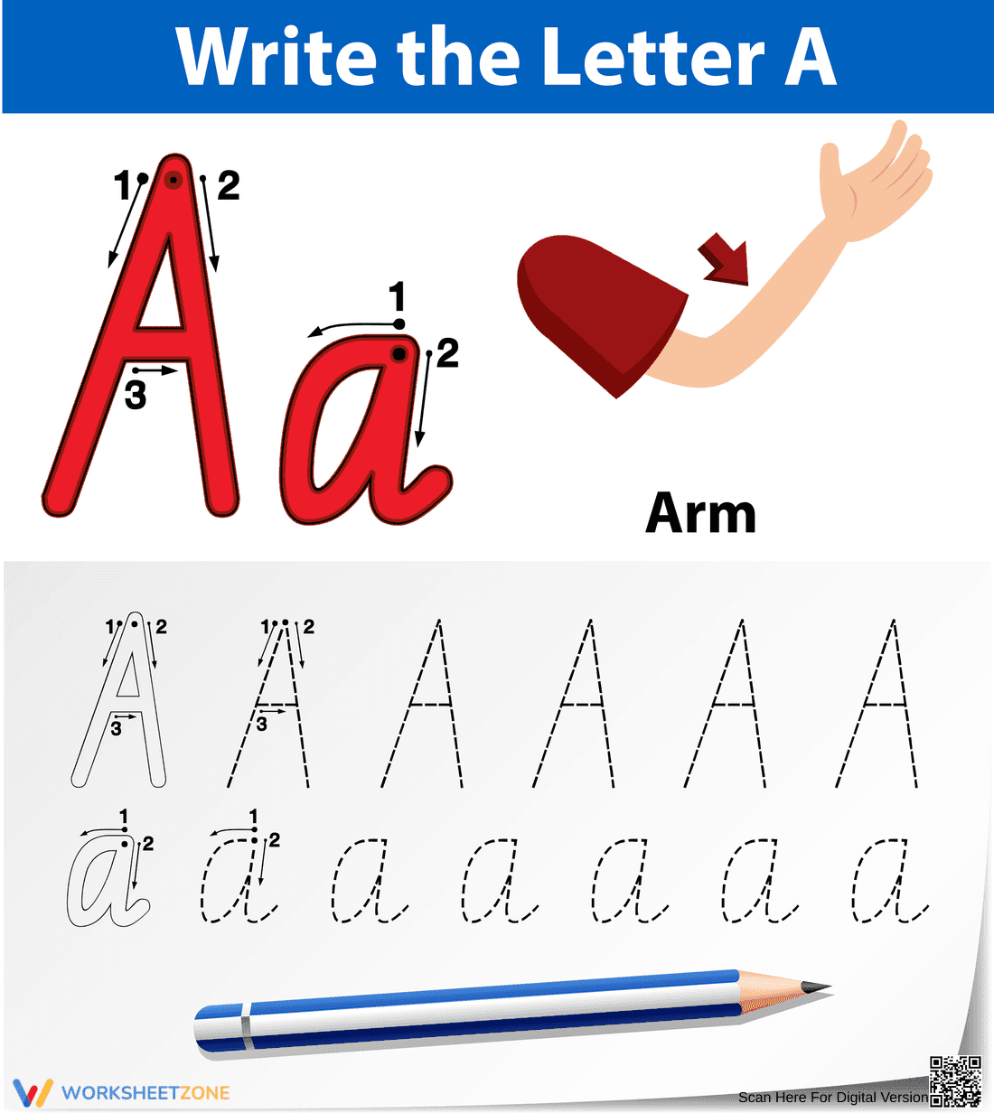A is for Arm: Handwriting Practice Worksheet - Page 1