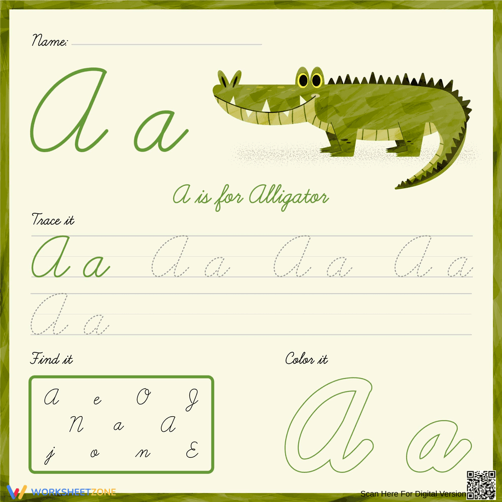 Trace, Find, and Color Cursive A: Handwriting - Page 1