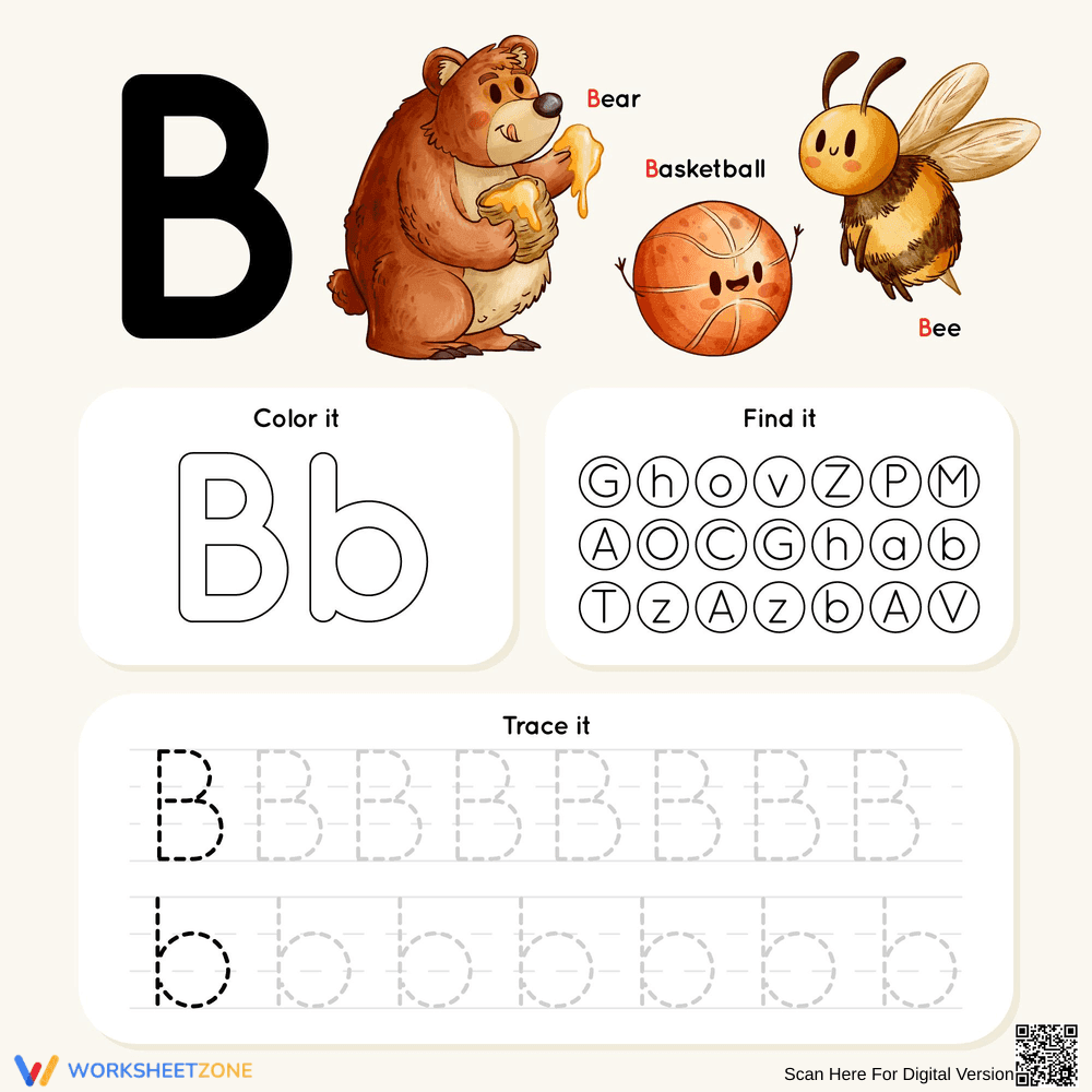Color, Find and Trace Letter B Worksheet - Page 1