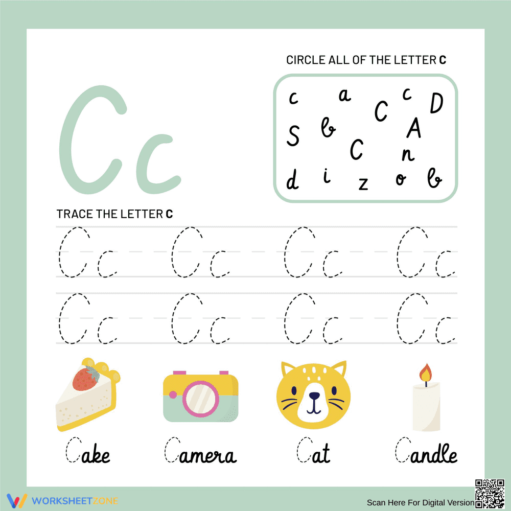 Circle and Trace the Cursive C Worksheet - Page 1