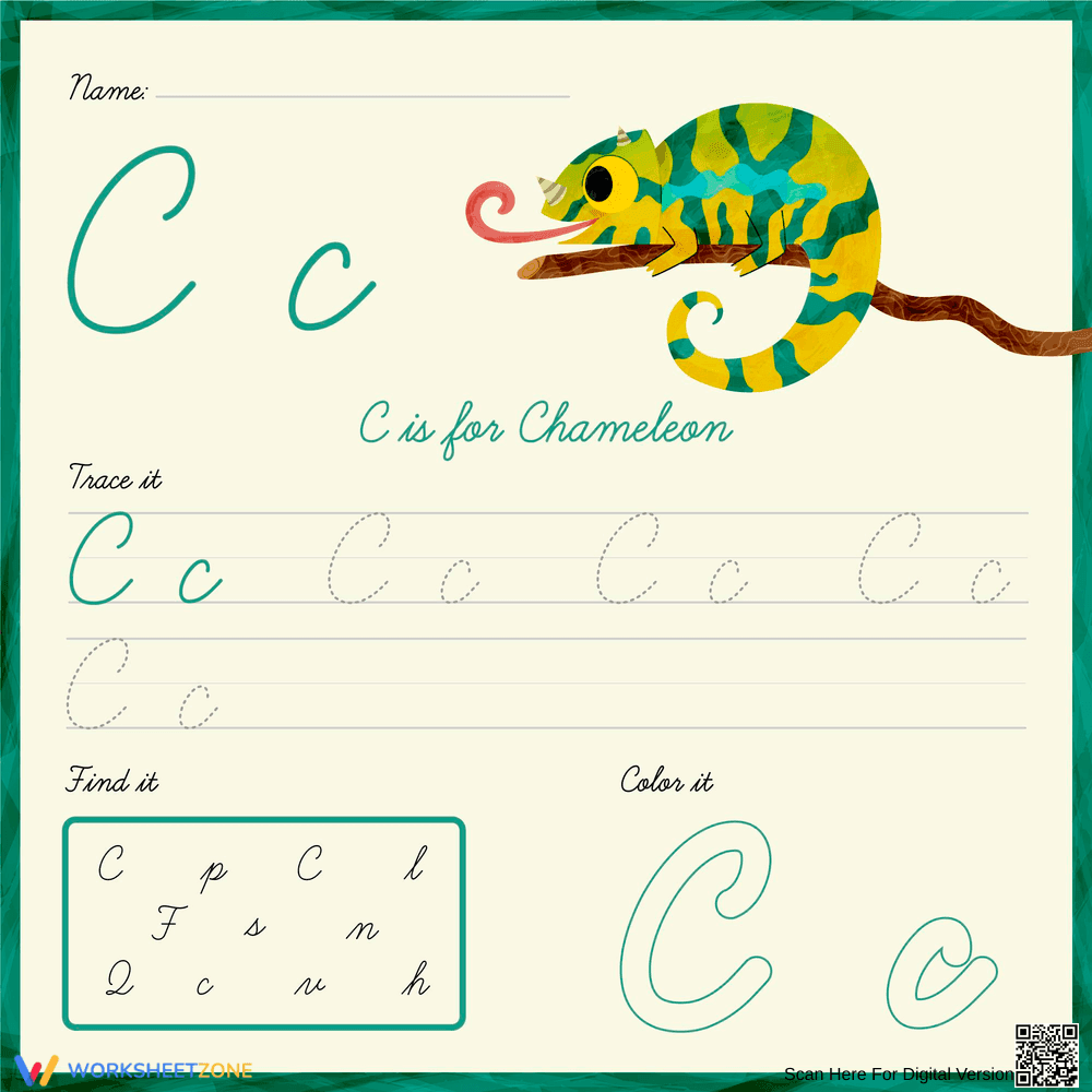 Trace, Find, and Color the Cursive C Worksheet - Page 1