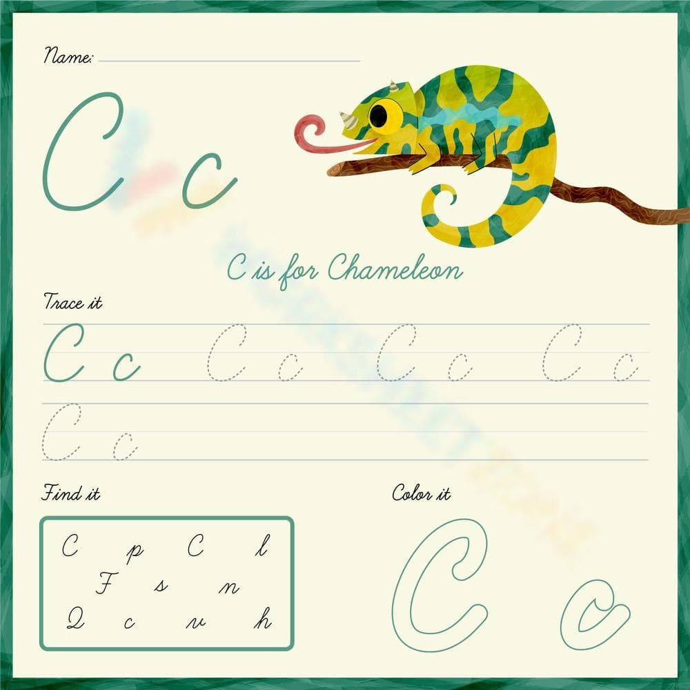 Trace, Find, and Color the Cursive C Worksheet - Page 1