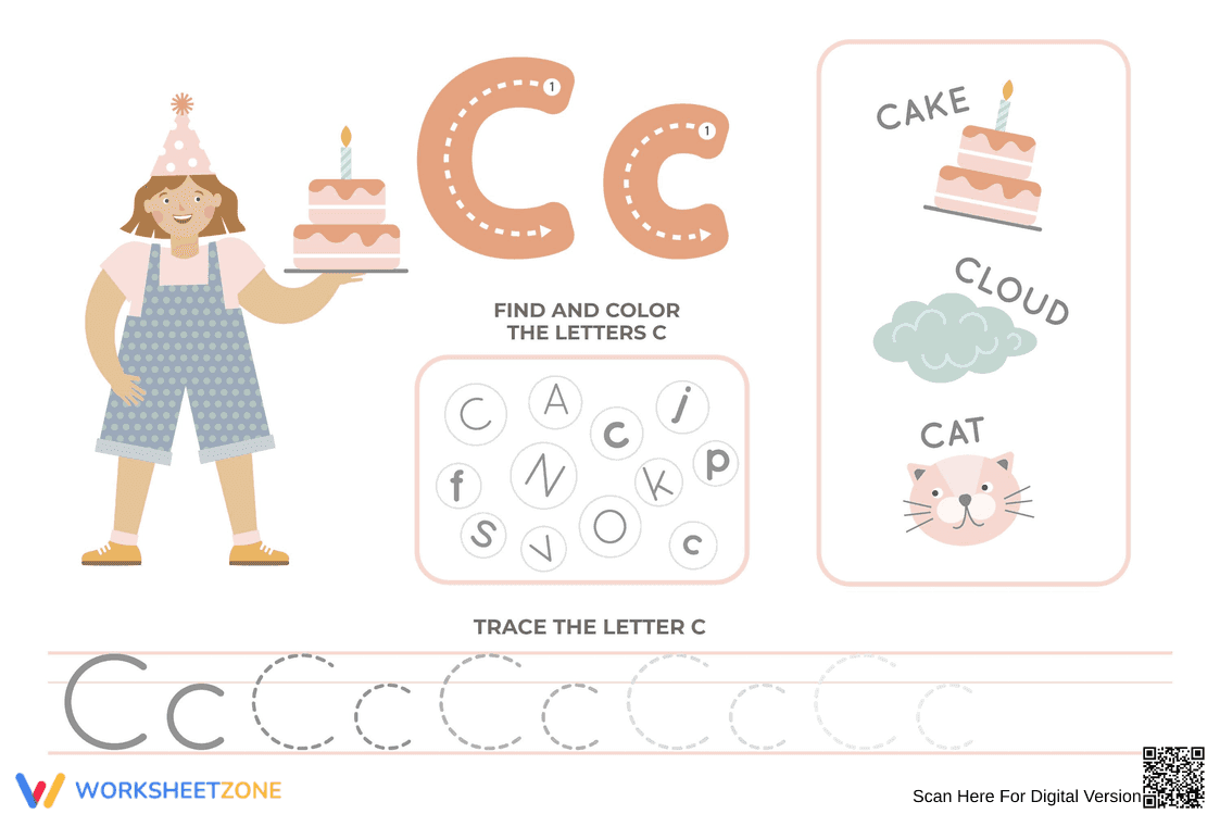 Find, Color, and Trace Letter C Worksheet - Page 1