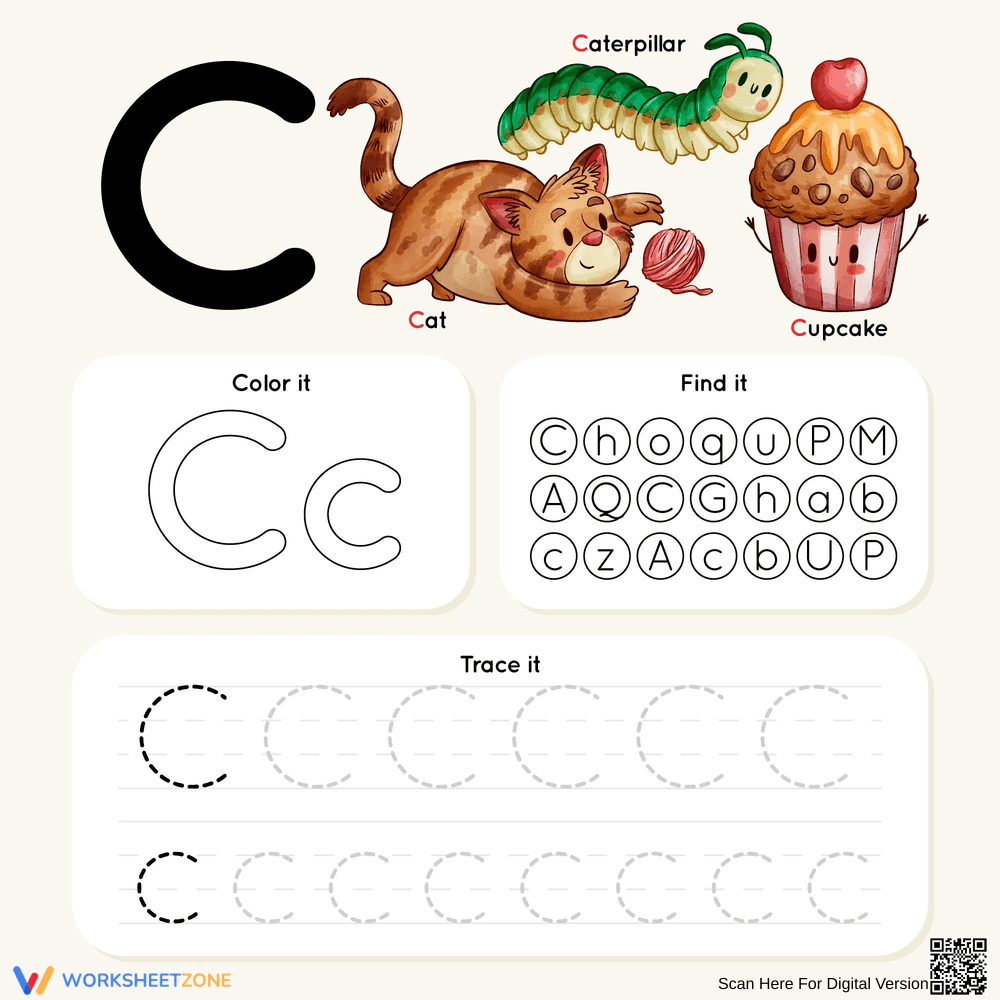 Printable Letter C Tracing Worksheet | Grade K - Page 1