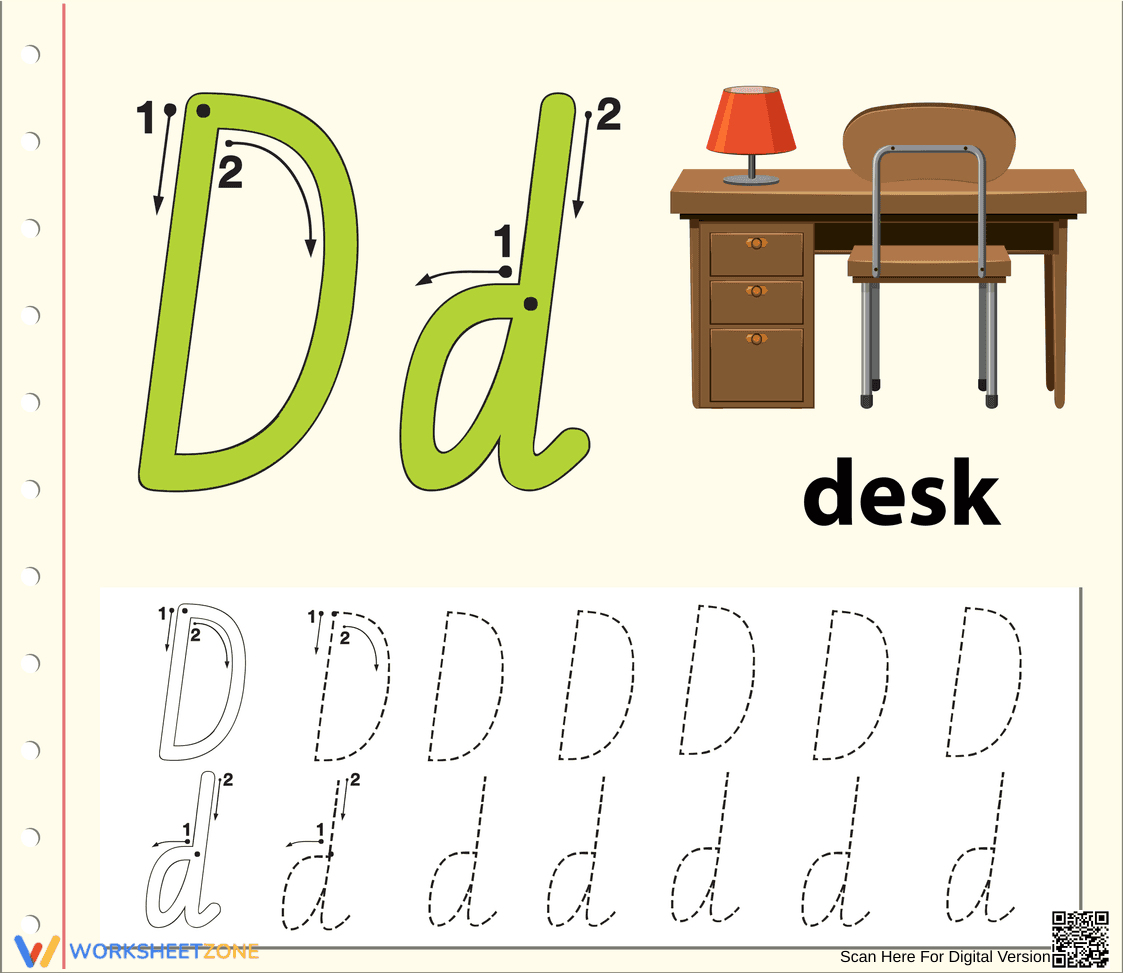 D is for Desk: Beginner Letter D Worksheet - Page 1