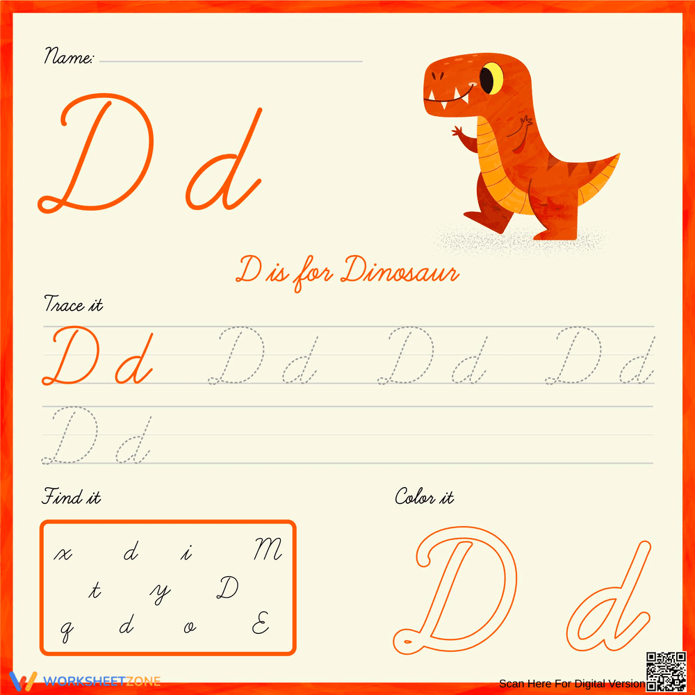 Trace and Color: Cursive Letter D Practice - Page 1