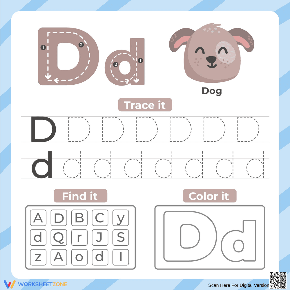 Letter D: Trace, Find, and Color Worksheet - Page 1