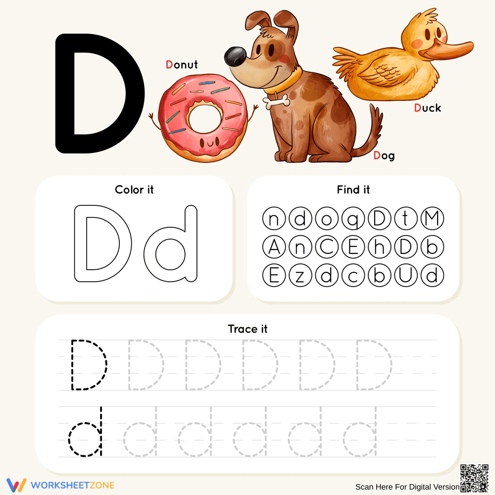Color, Find, and Trace DD: Letter D Fun - Page 1
