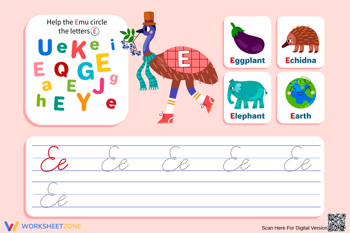 Find, Trace, and Write: Cursive E Practice - Page 1