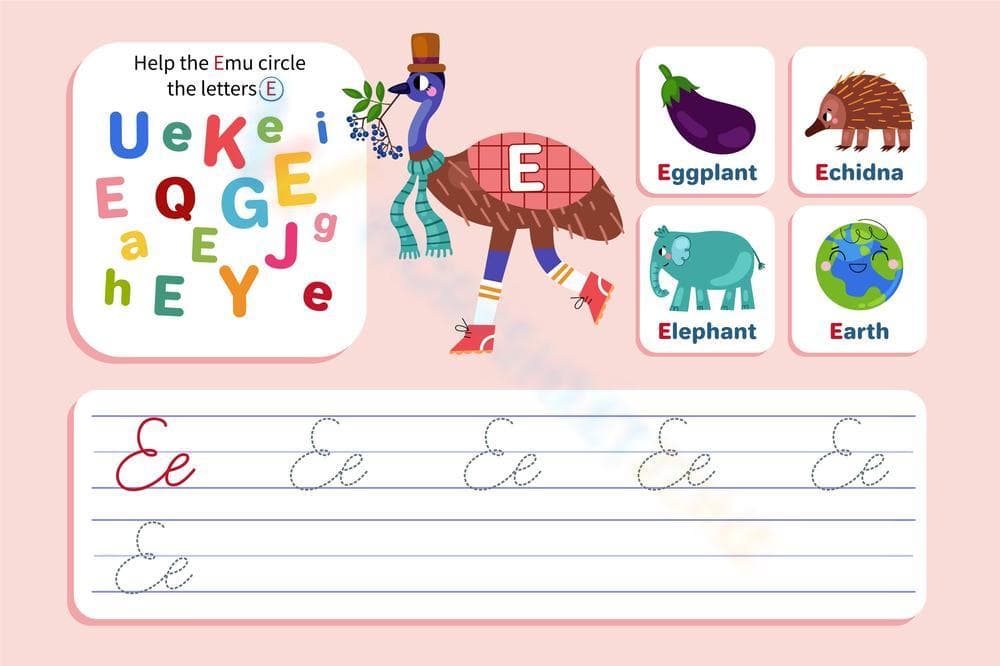 Find, Trace, and Write: Cursive E Practice - Page 1