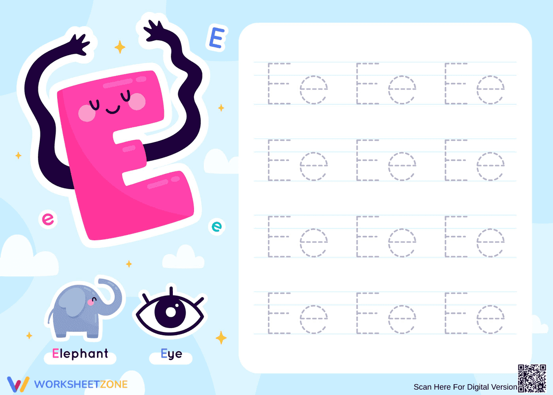 Printable Letter E Tracing Worksheet | Grade K - Page 1