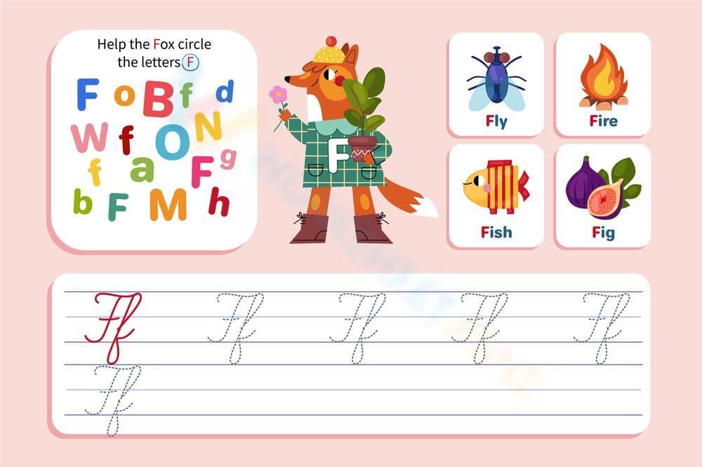 Cursive F Worksheets: Find, Trace, and Write - Page 1