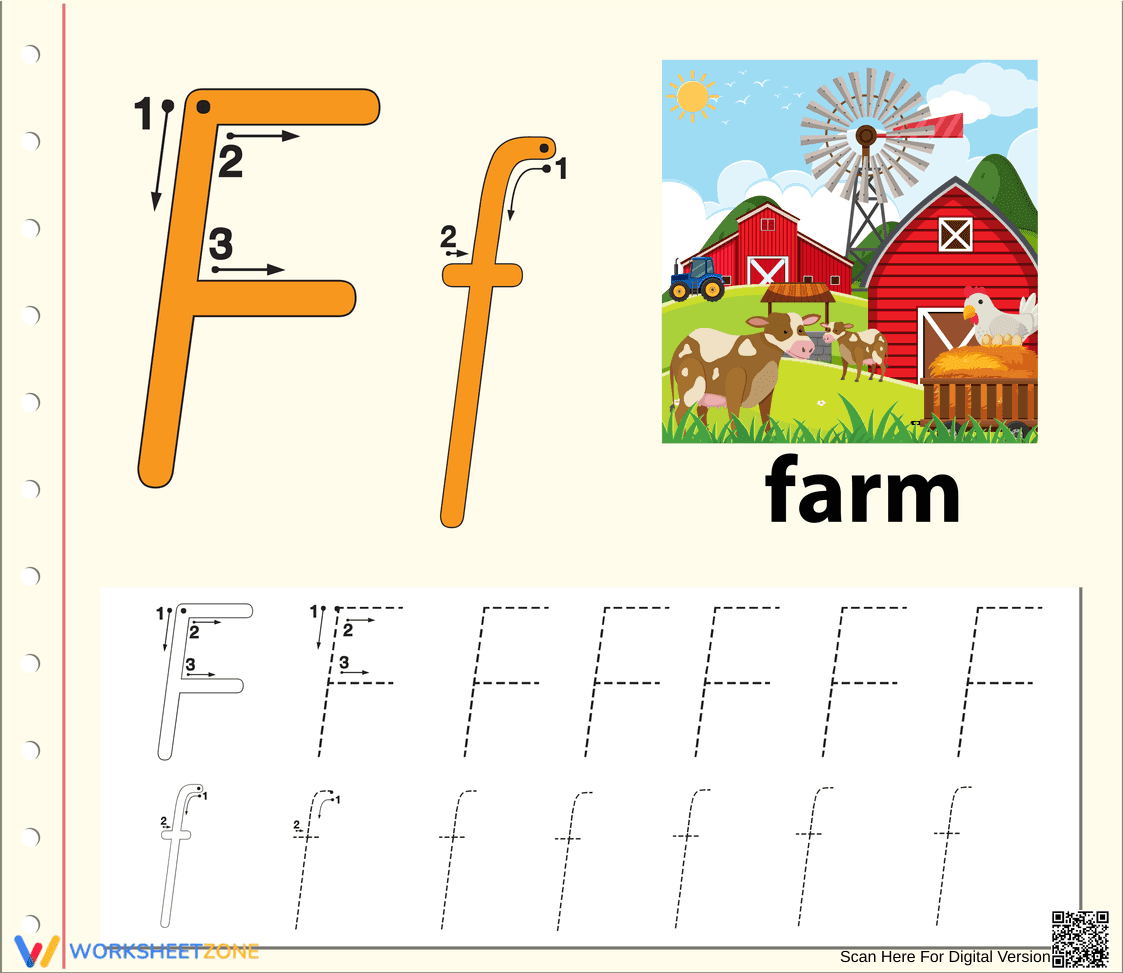 Printable Letter F Tracing Worksheet | Grade K - Page 1