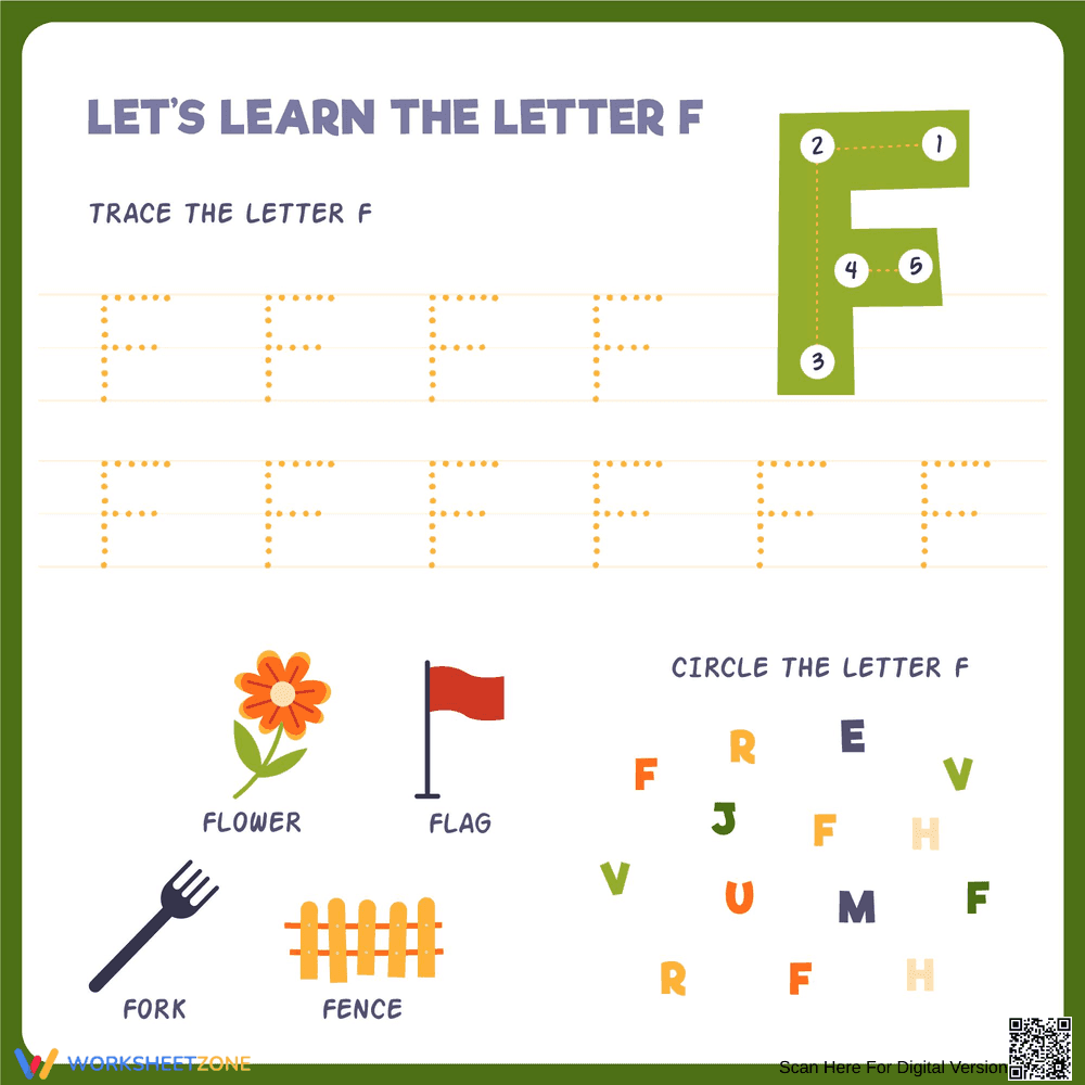 Printable Letter F Tracing Worksheet | Grade K - Page 1