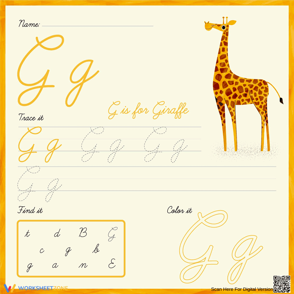 Cursive G Trace, Find, and Color Worksheet - Page 1
