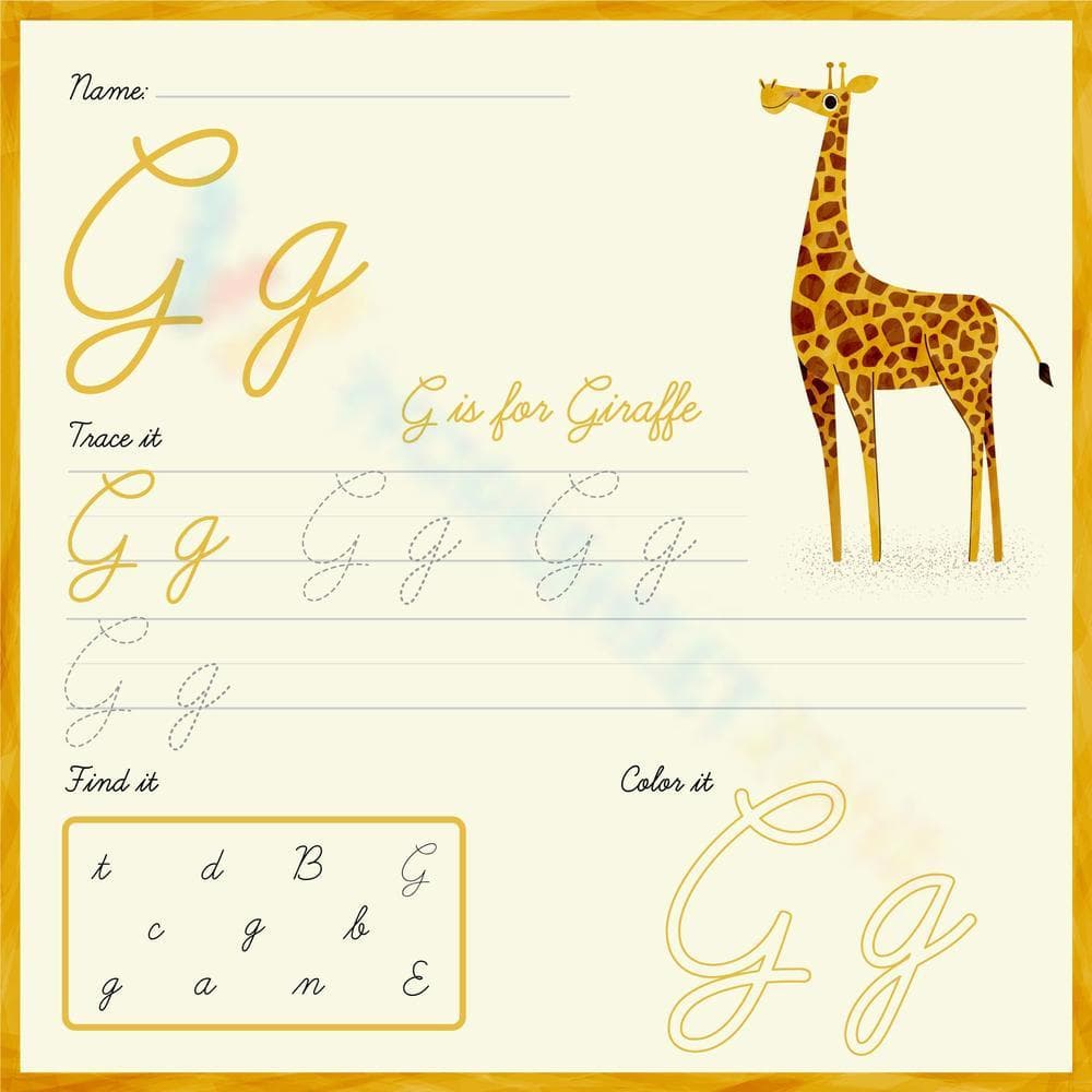 Cursive G Trace, Find, and Color Worksheet - Page 1