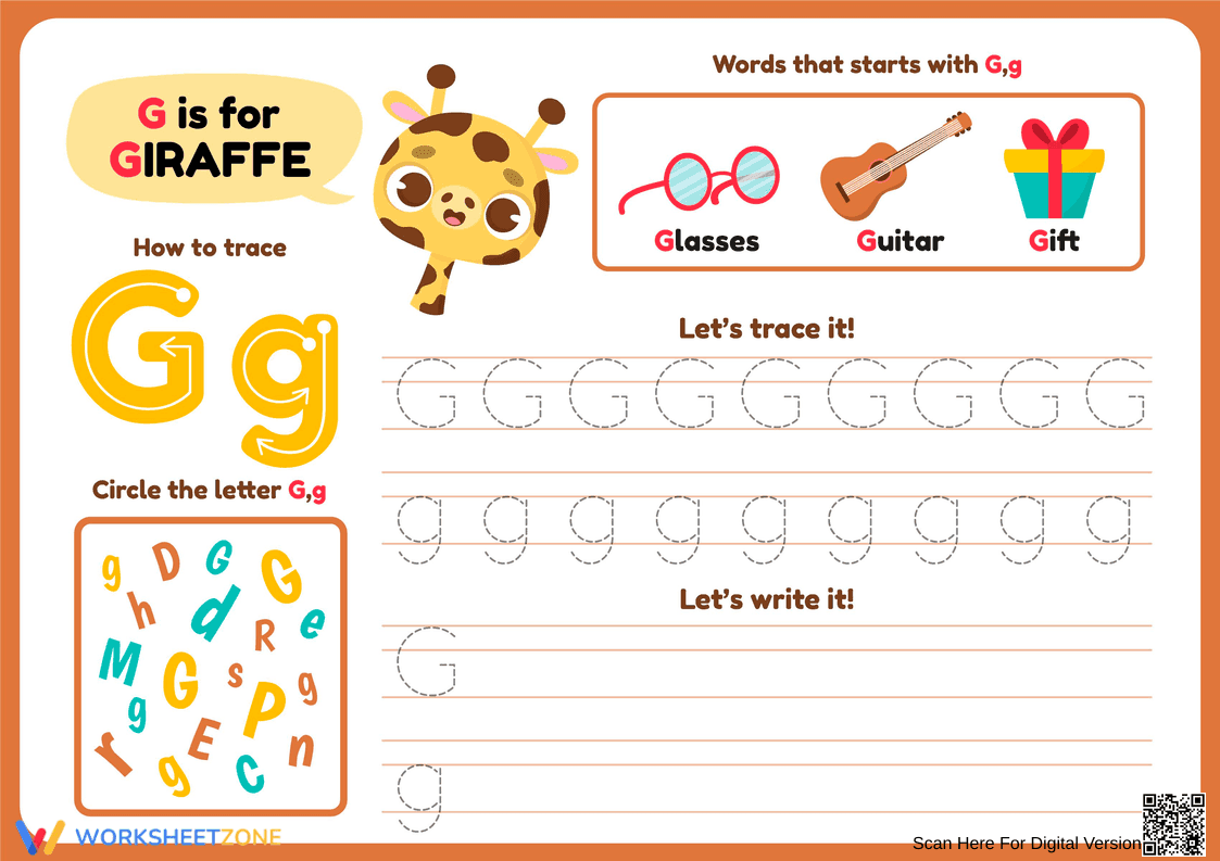 Letter G Tracing Worksheet — Printable Kindergarten ELA - Page 1