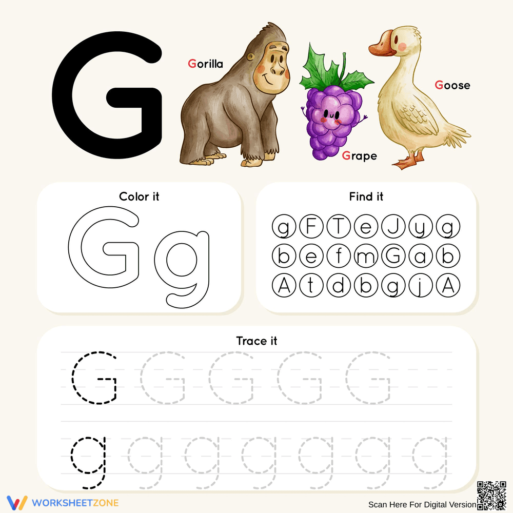 Grade K-1 Letter G — Printable No-Prep Worksheet - Page 1