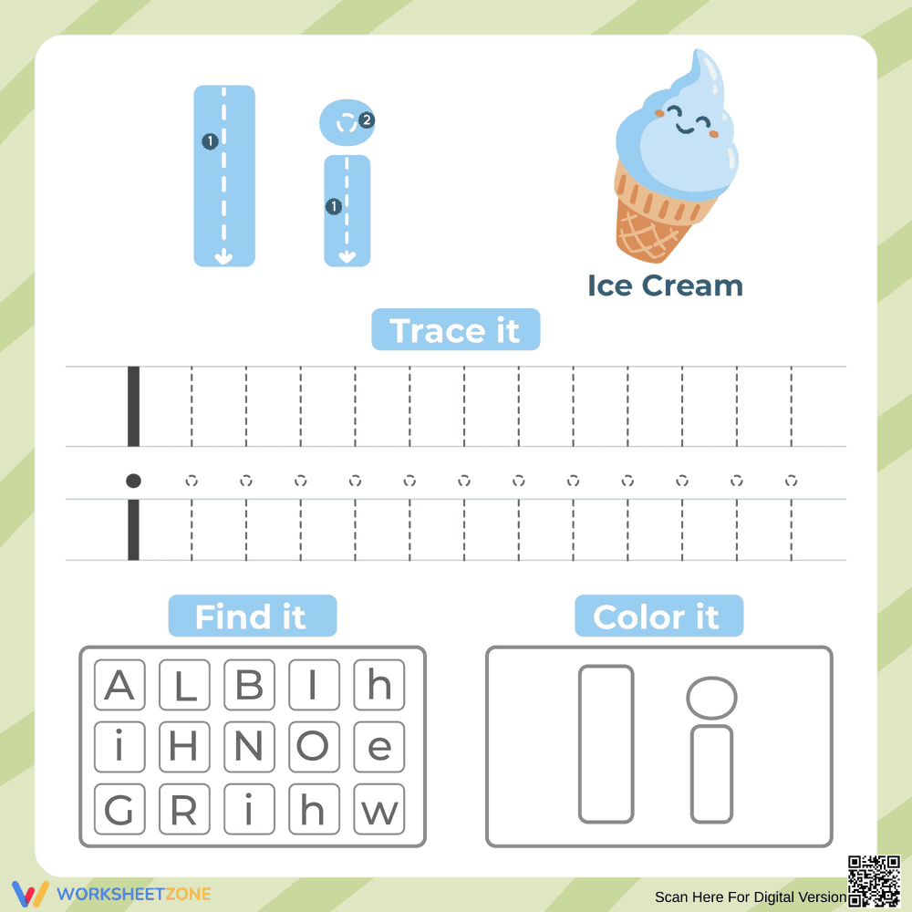 Trace, Find and Color Letter I Worksheet - Page 1