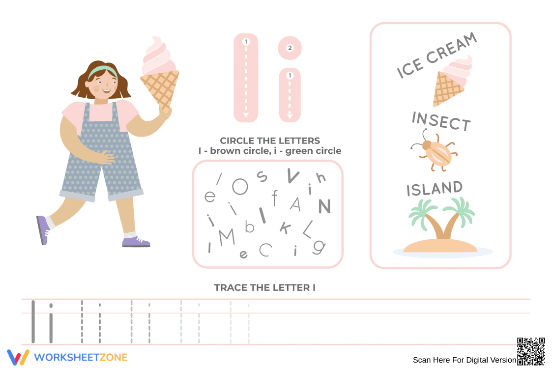 Kindergarten Letter I Tracing Worksheet - Page 1
