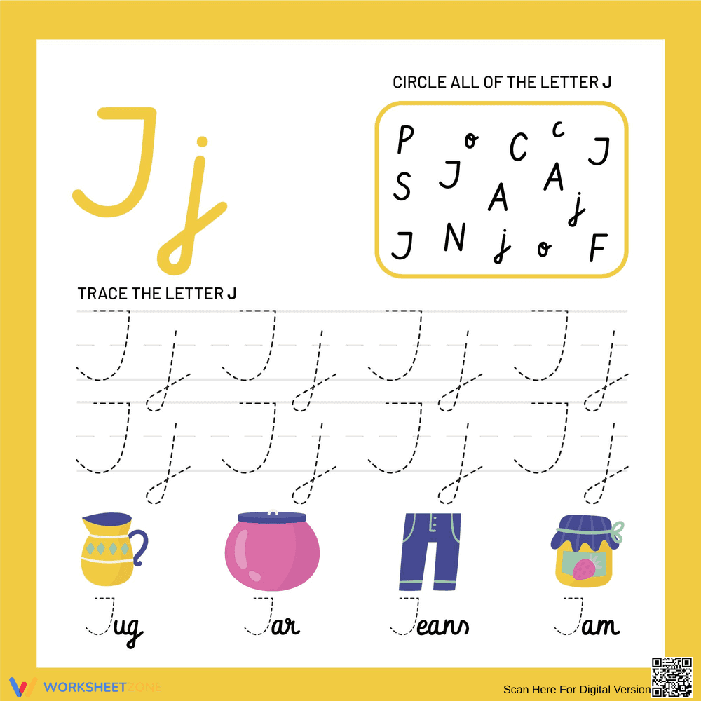 Trace Cursive Letter J Worksheet - Page 1