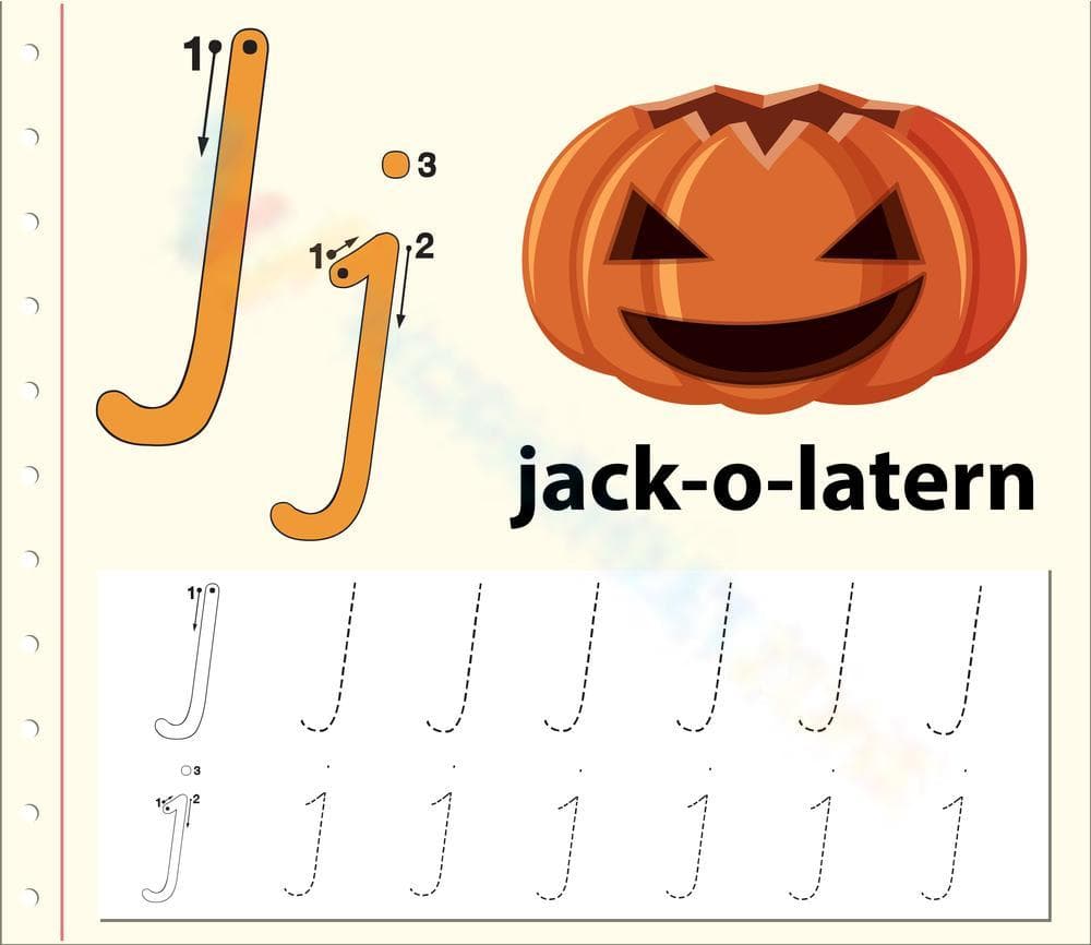 Letter J Tracing Worksheet with Jack-o-lantern - Page 1