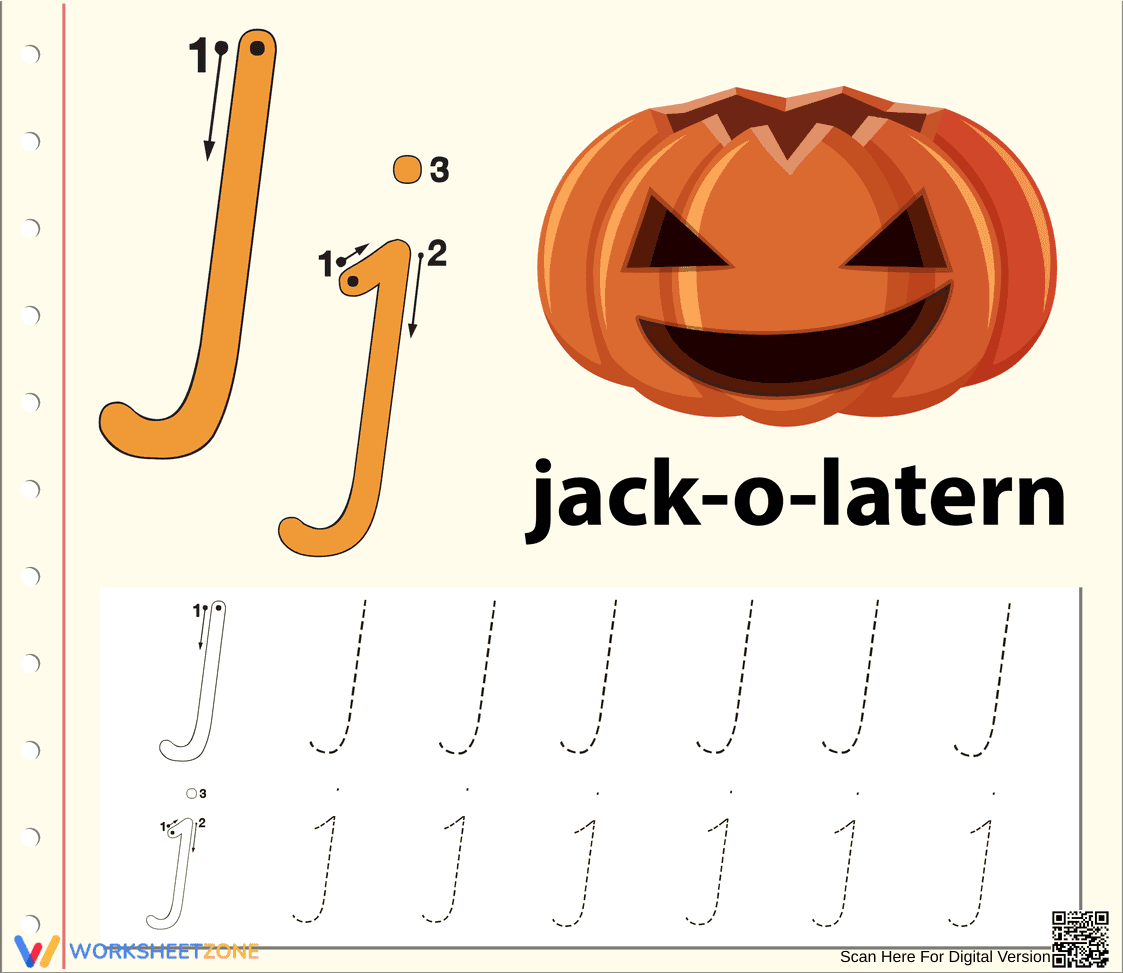 Letter J Tracing Worksheet with Jack-o-lantern - Page 1