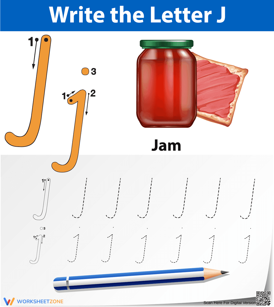 Letter J Tracing Worksheet | Printable Grade K - Page 1
