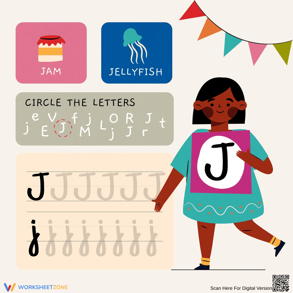 Alphabet Tracing Worksheet with Letter J - Page 1