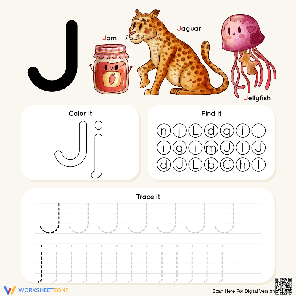 Color, Find and Trace Letter J - Page 1