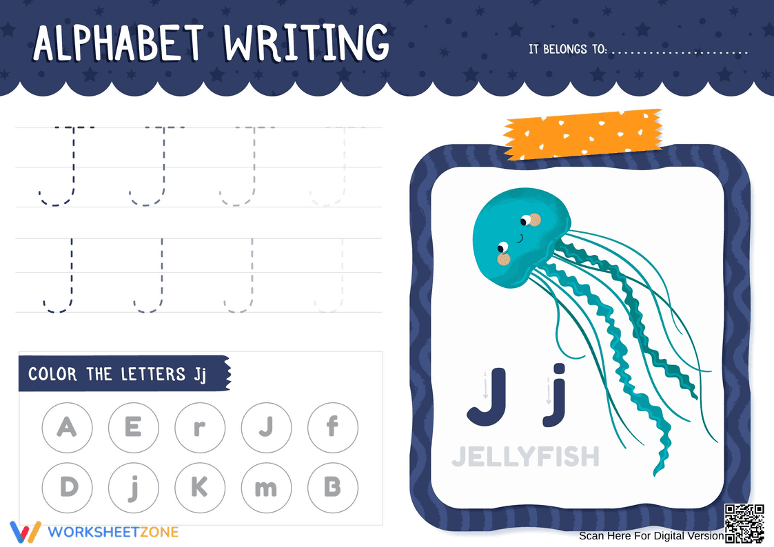 Tracing and Coloring: Letter J Worksheet - Page 1