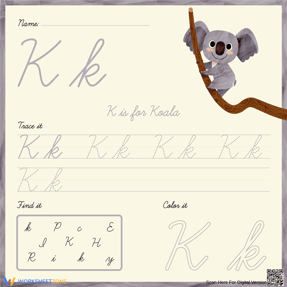 Printable Cursive Letter K Worksheet | Grade 1 - Page 1
