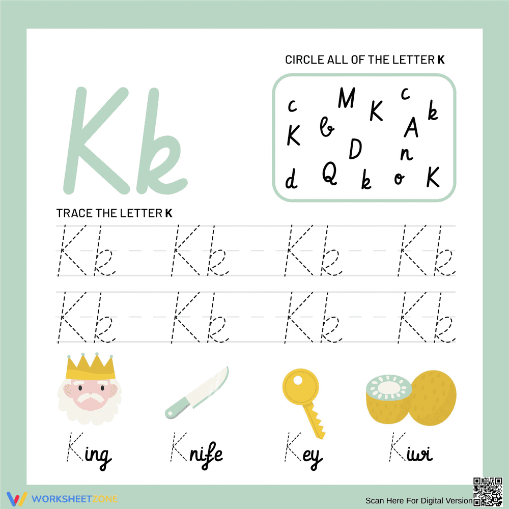 Circle and Trace the Cursive Letter K Worksheet - Page 1