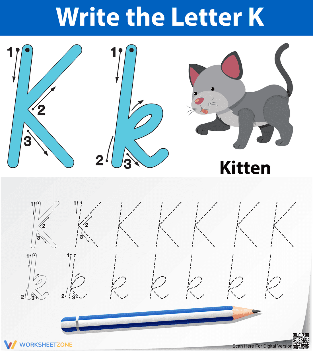 K is for Kitten: Letter K Recognition Worksheet - Page 1