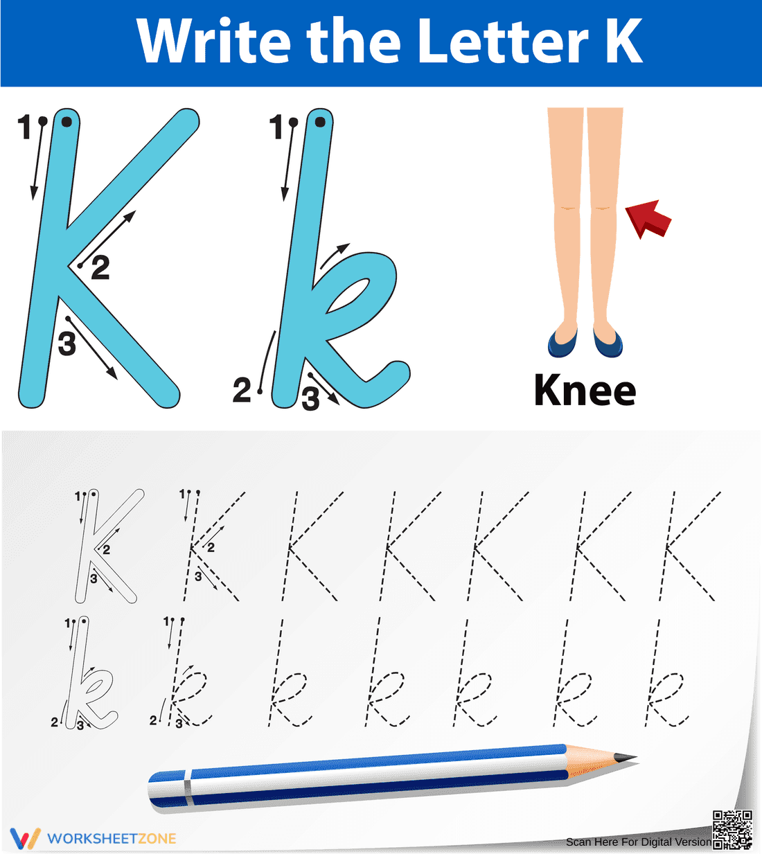 K is for Knee: Learn the Letter K Worksheet - Page 1